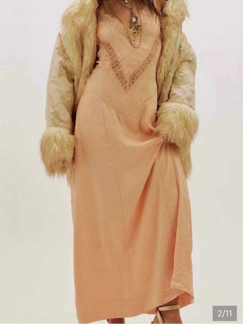 Free People Maybe Forever Maxi Dress Lace Trim Crinkle Satin Peach Size 6 - Picture 2 of 9